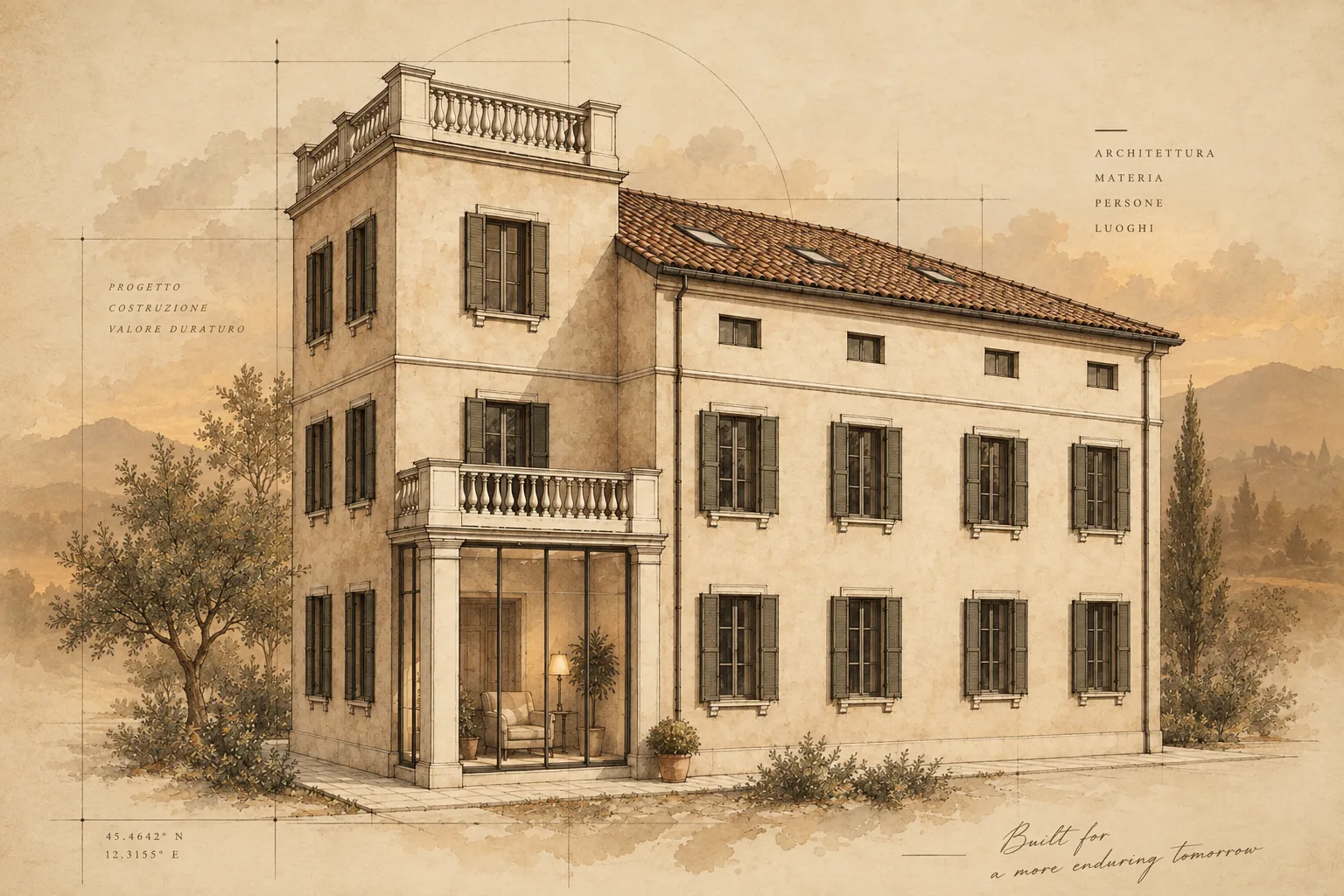 A drawing in warm sepia wash of a three-storey villa with shuttered windows, a roof balustrade and a glazed ground-floor loggia, annotated like an architect's sheet