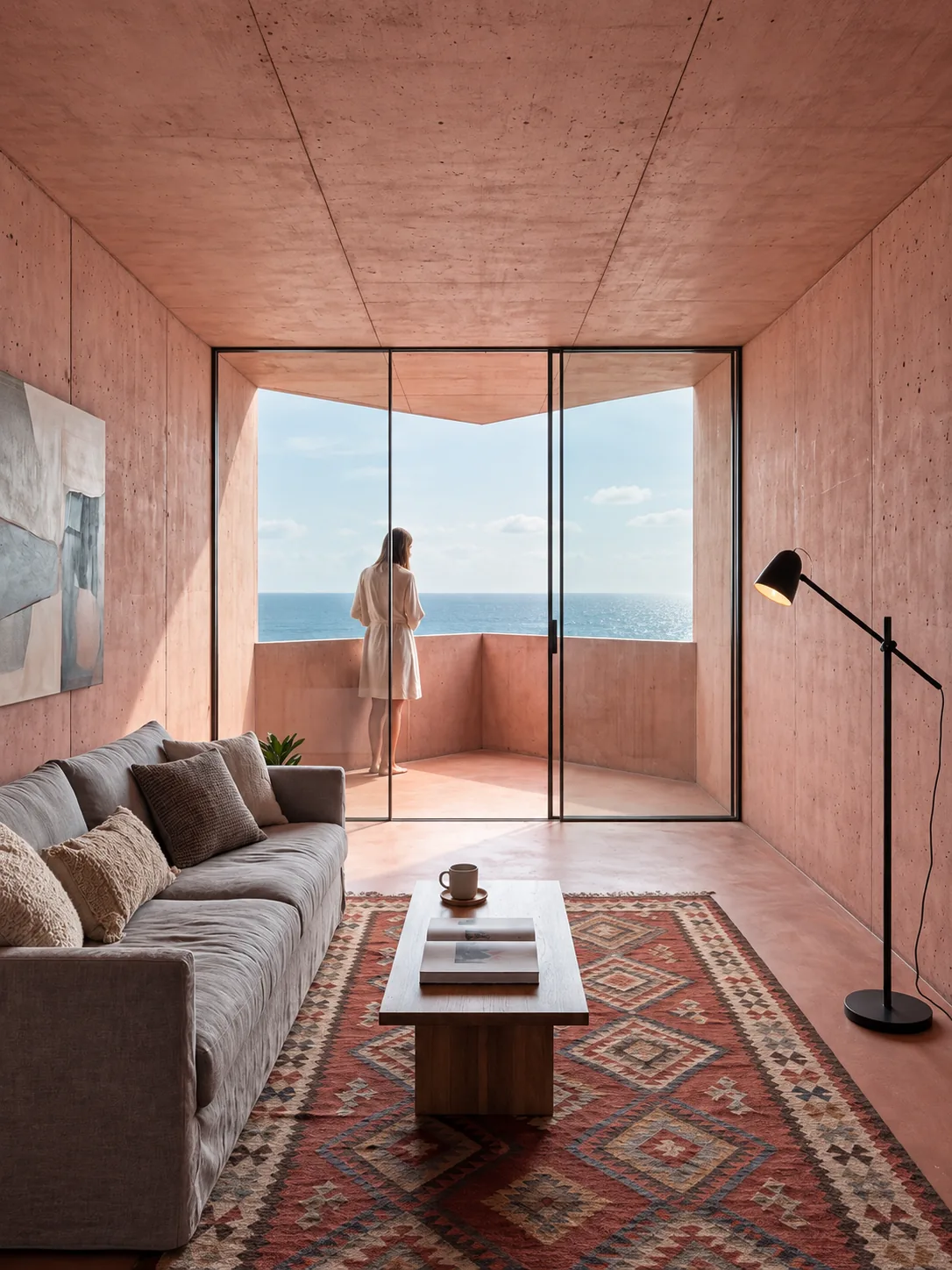 A living room inside Emma Tower, its pink concrete walls opening through full-height glass onto a balcony above the sea