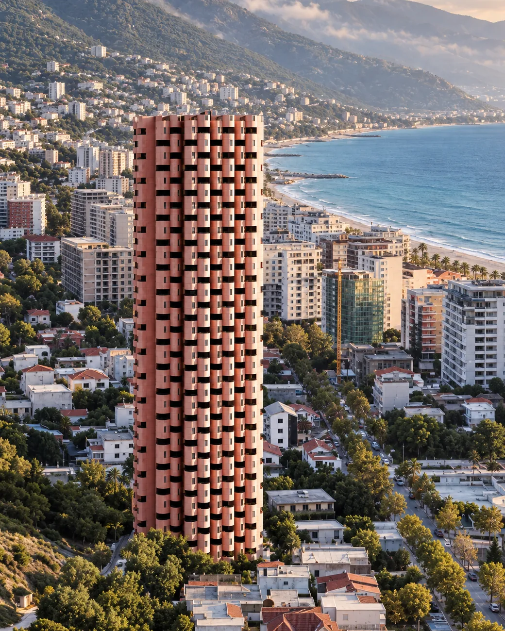 Emma Tower rising above Vlorë, its terracotta balconies stacked against the bay and the mountains beyond