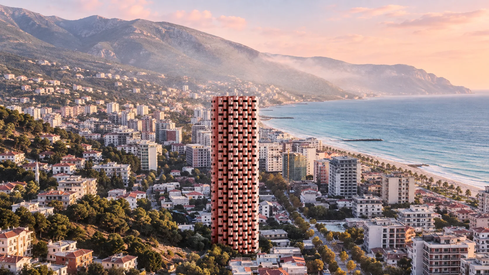 Emma Tower above the bay at Vlorë, its terracotta balconies stacked against the sea and the mountains behind
