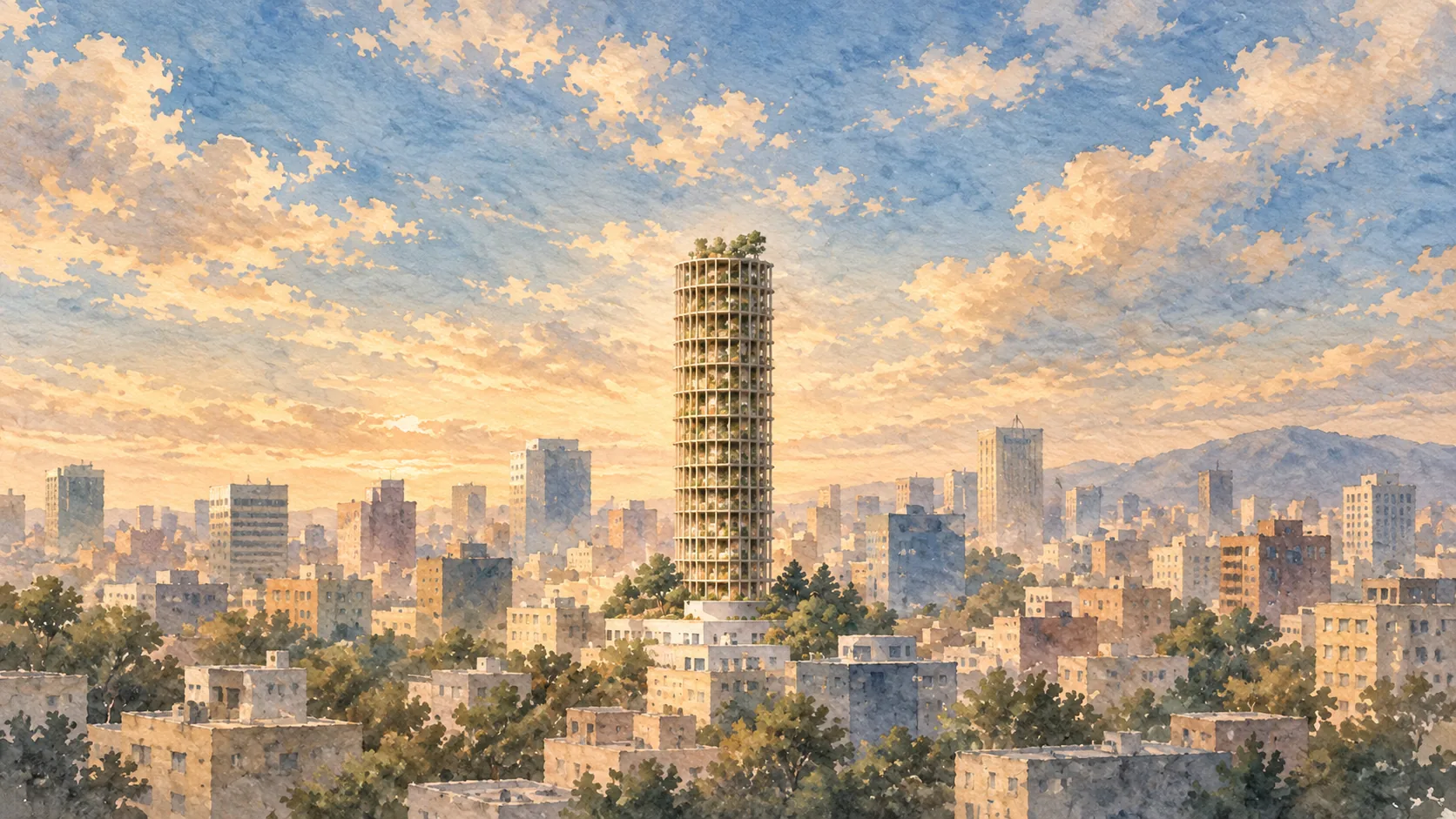 M21 Tower rising above the rooftops of Tirana, painted in watercolour under a soft evening sky with the mountains beyond