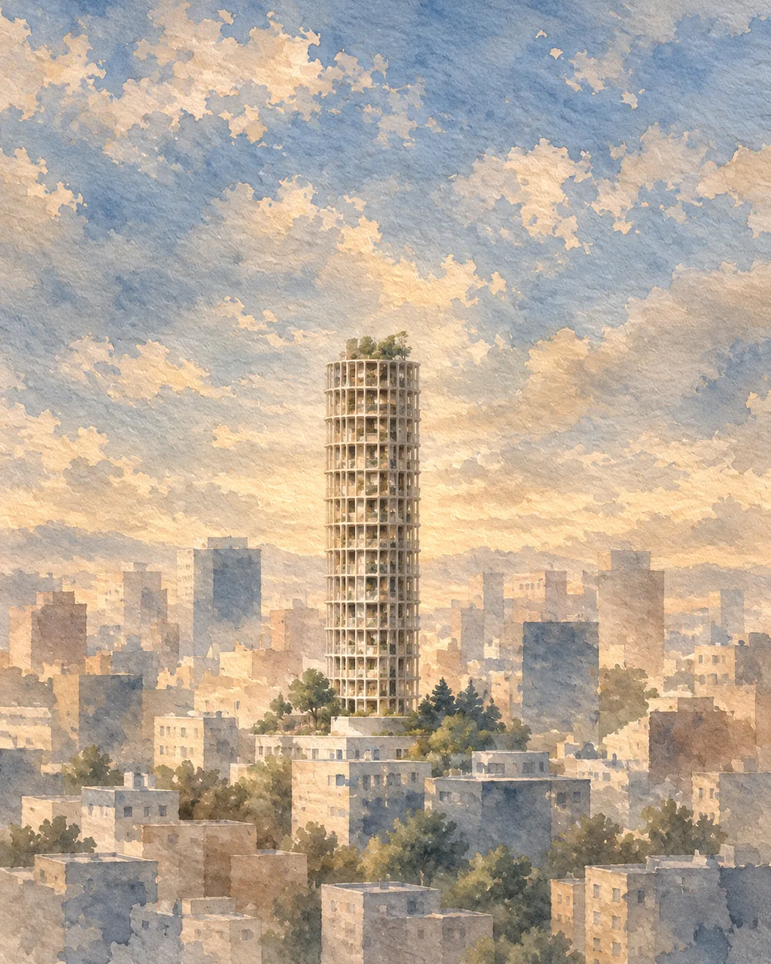 M21 Tower rising above the rooftops of Tirana, painted in watercolour under a soft evening sky