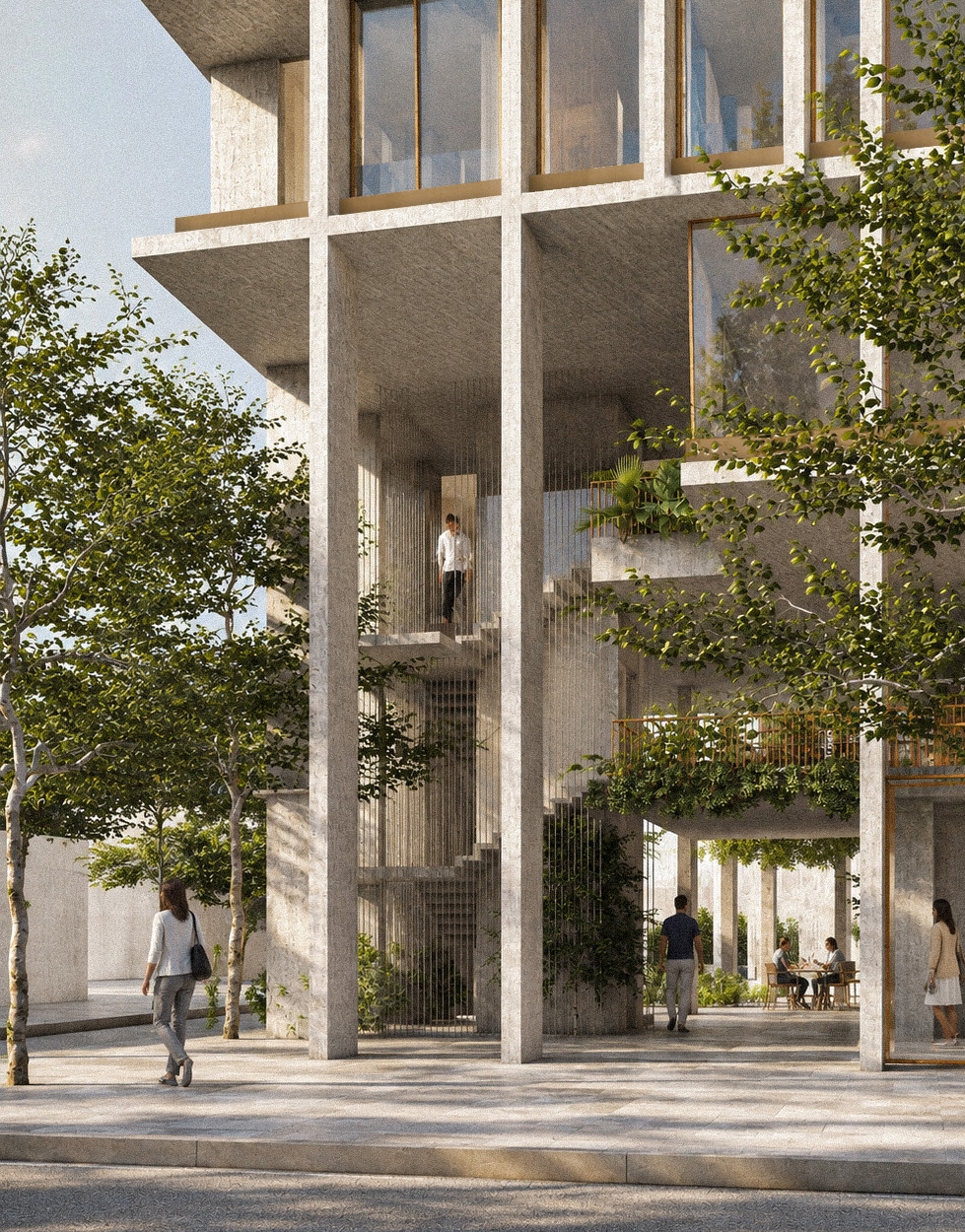 The open and planted ground level of M21 Tower