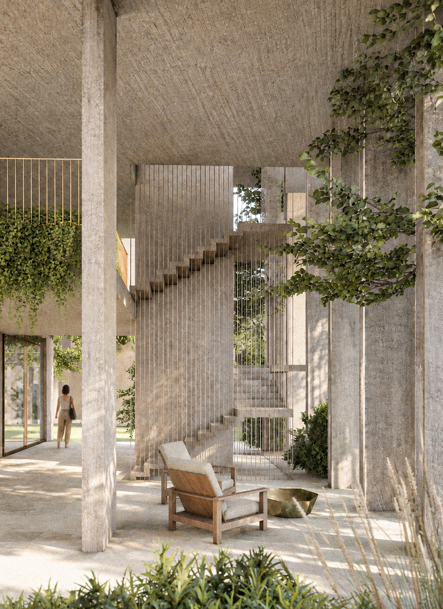 Shaded colonnade with seating, trees and a hanging stair at the ground level of M21 Tower