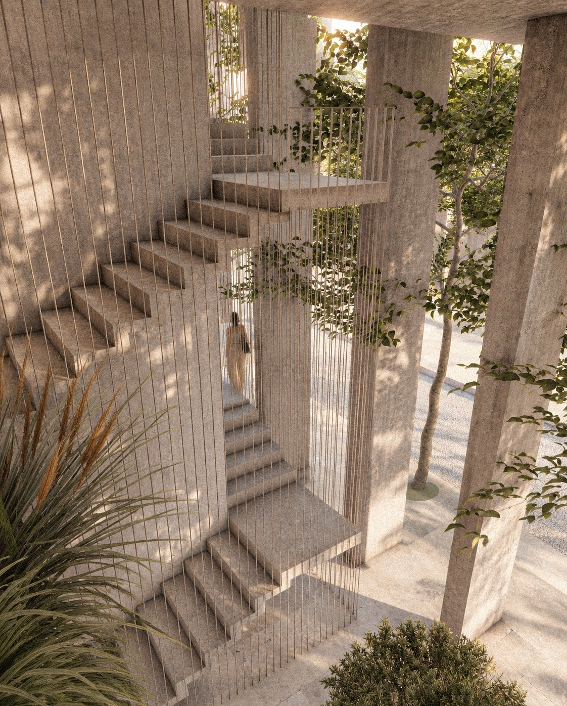 Concrete stair threaded through a bronze rod screen and planting inside M21 Tower