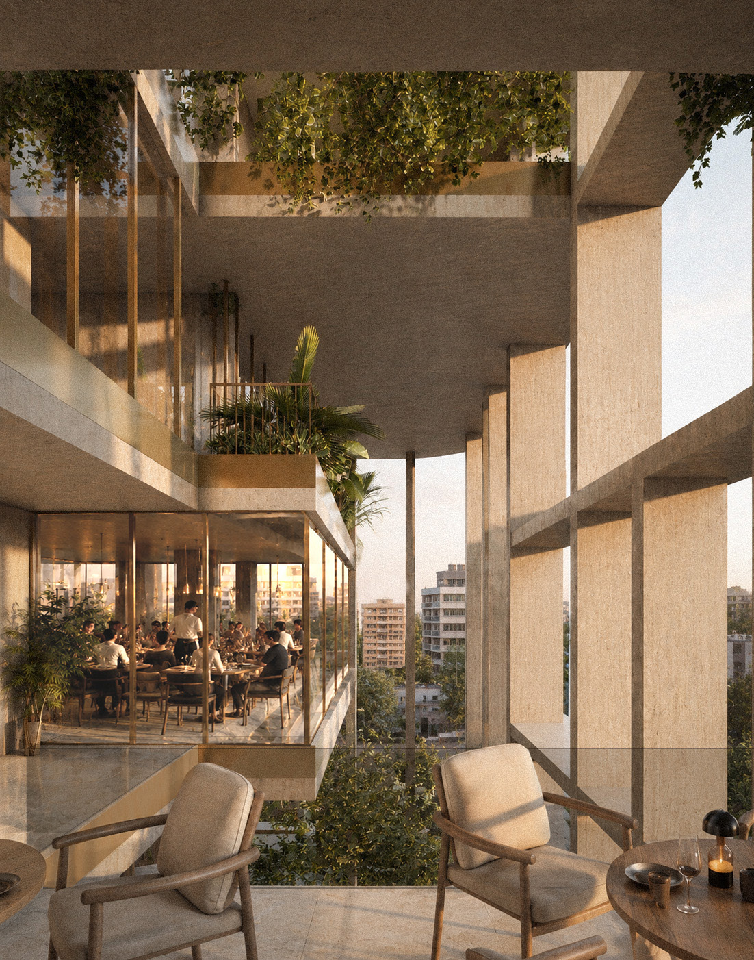 Upper-level restaurant and terrace within M21 Tower