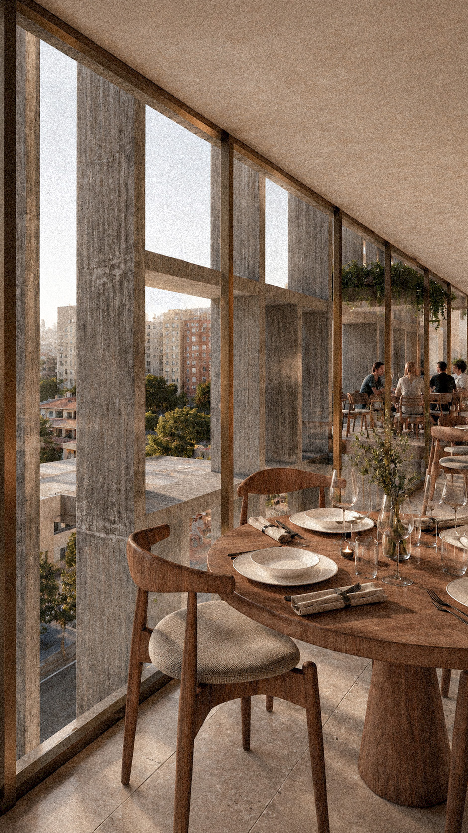 Restaurant tables beside the full-height windows on an upper floor of M21 Tower