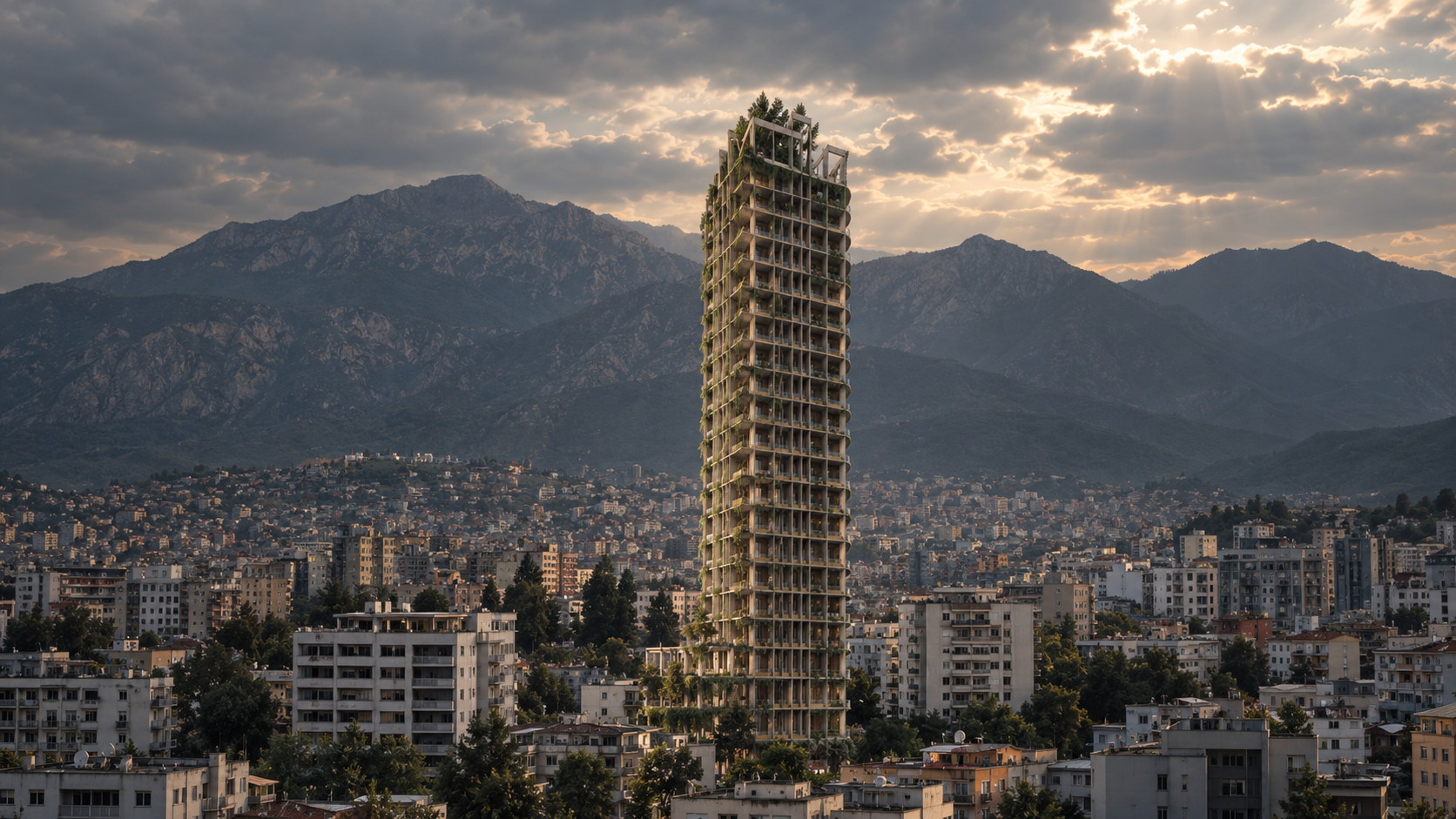 M21 Tower rising above central Tirana at sunset, with the mountain range behind