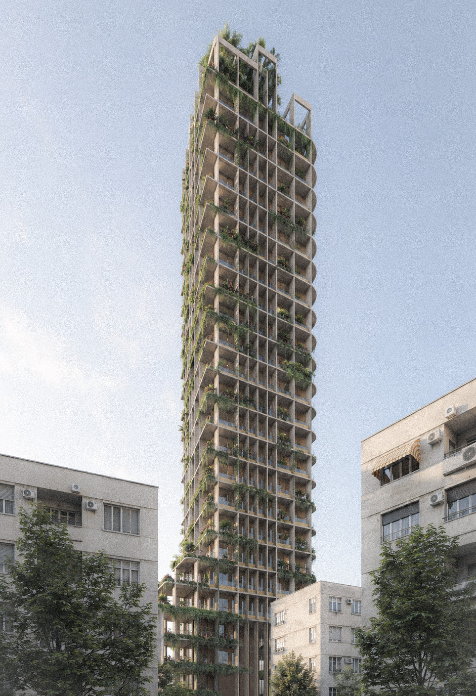 Full elevation of M21 Tower rising above central Tirana