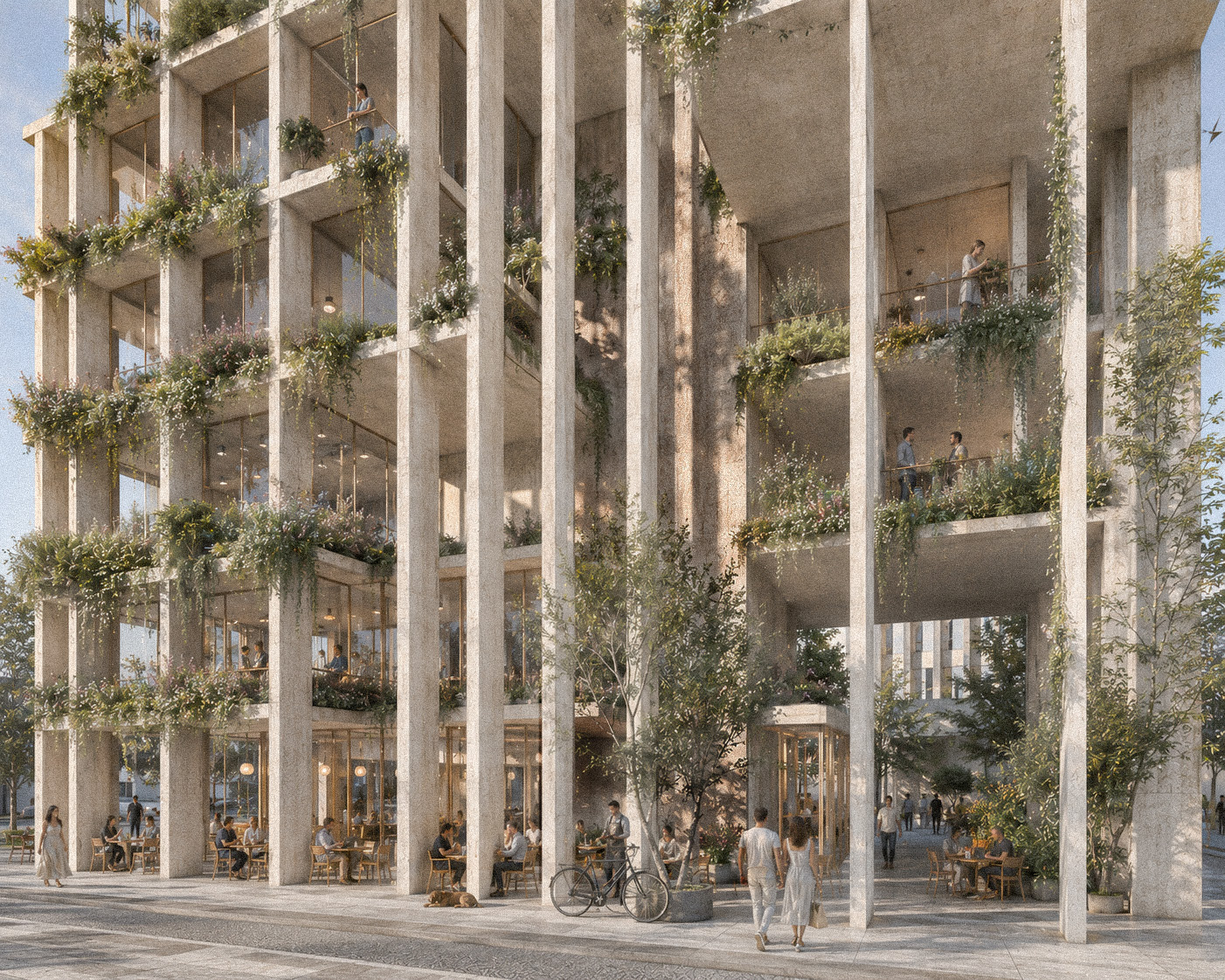 The planted and publicly accessible ground level of M21 Tower