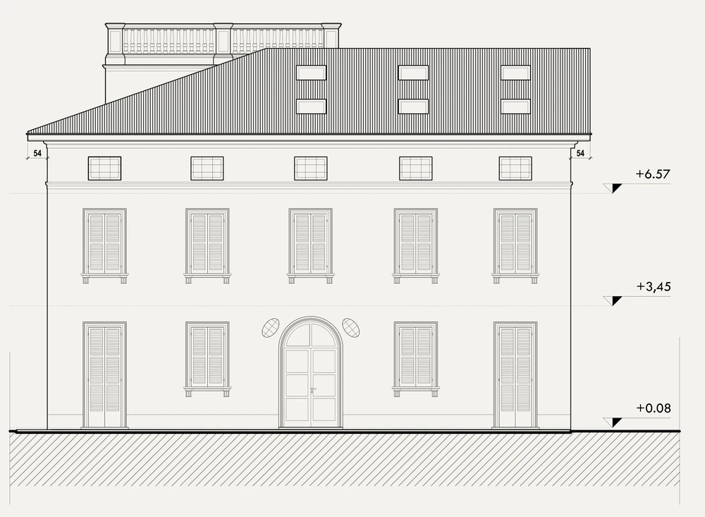 South elevation of villa A1: three storeys of shuttered windows under a tiled roof with rooflights, the entrance tower's balustrade rising behind