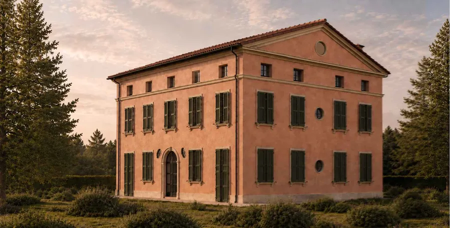 Villa A1 as designed: the same villa restored, its render renewed, shutters rehung and a pediment over the east front, at dusk
