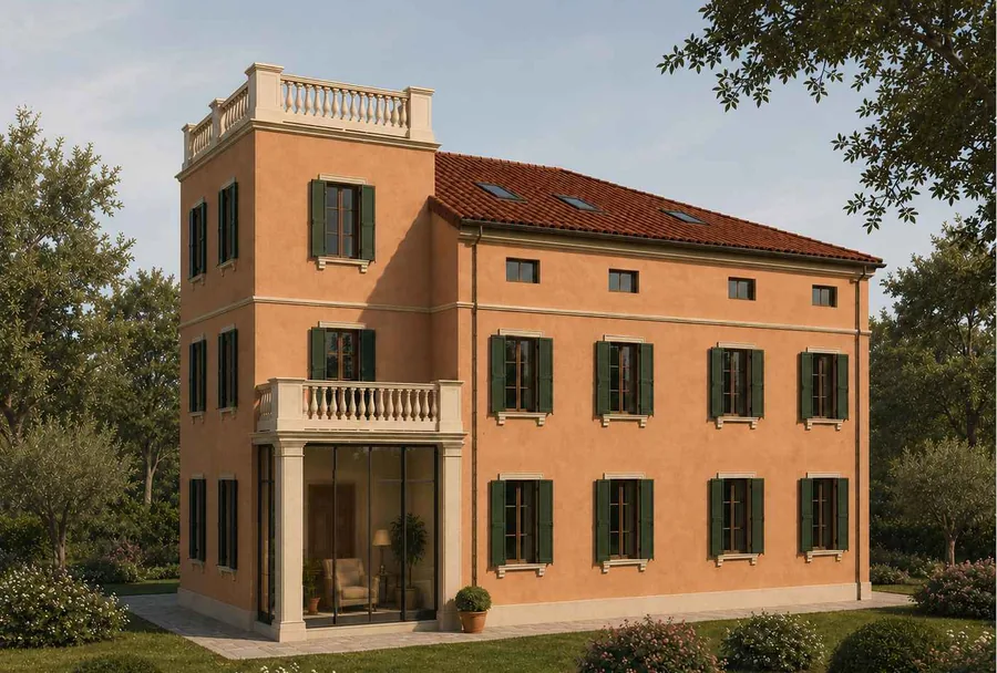 Villa A1 as designed: the entrance tower restored, with a glazed portico under the balcony, green shutters and rooflights in the tiled roof