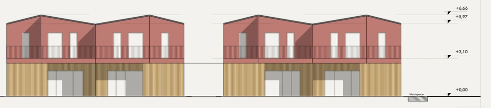 South elevation of houses C1 and C2: two pairs of houses with timber-slatted ground floors and red-rendered upper floors under folded roofs