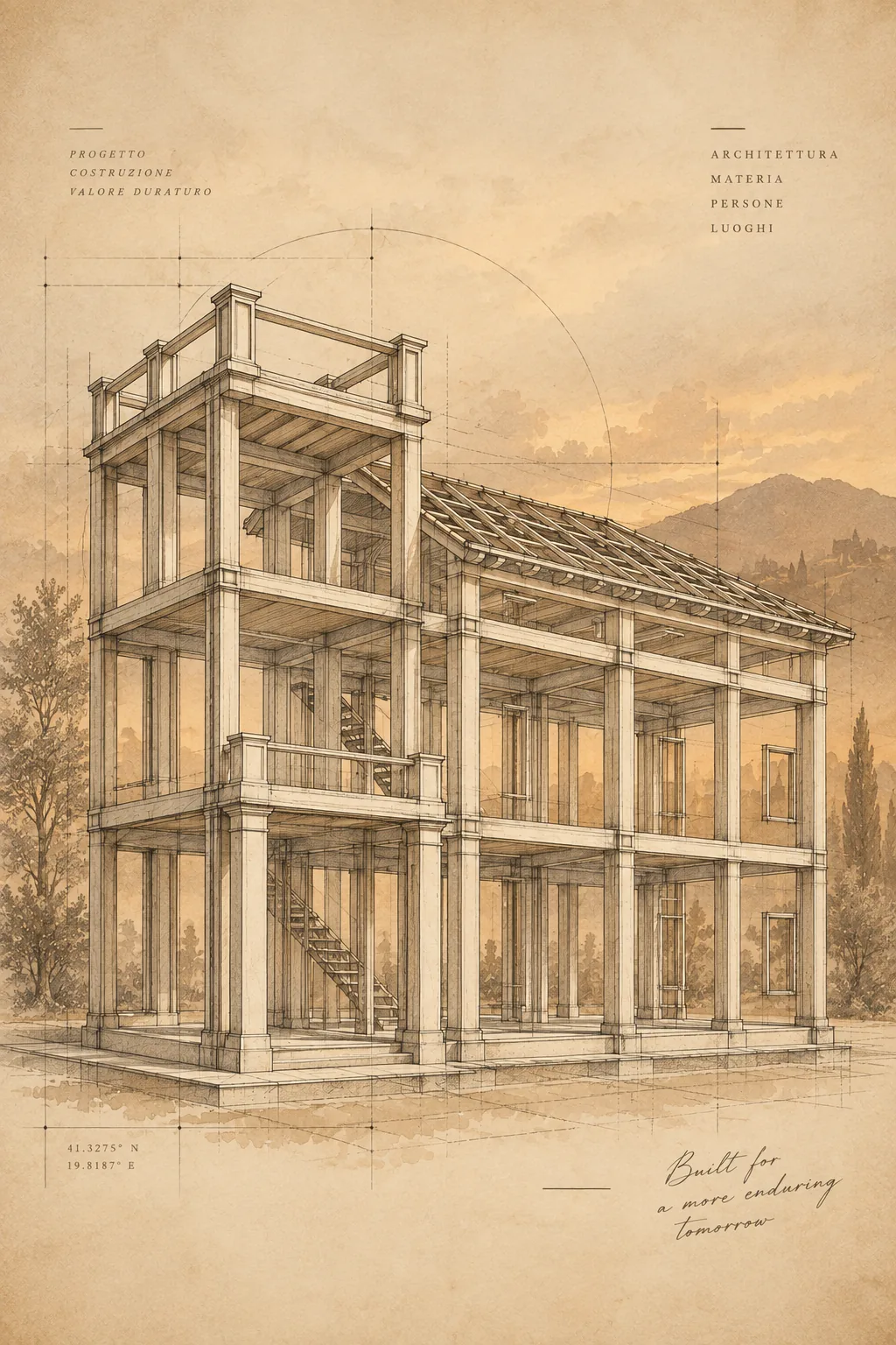 The same villa drawn as its bare frame — columns, beams, floor slabs and roof trusses in sepia line on parchment, with dimension lines around it