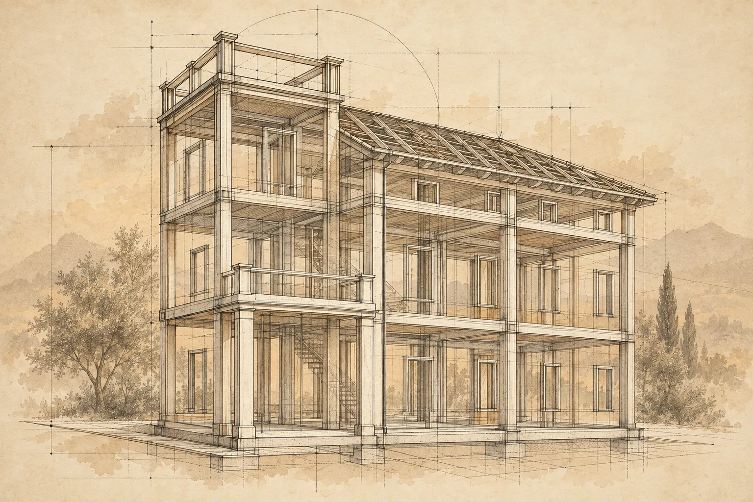 Sepia drawing of a three-storey villa shown as its bare frame — columns, floor slabs, stair and roof timbers — among trees