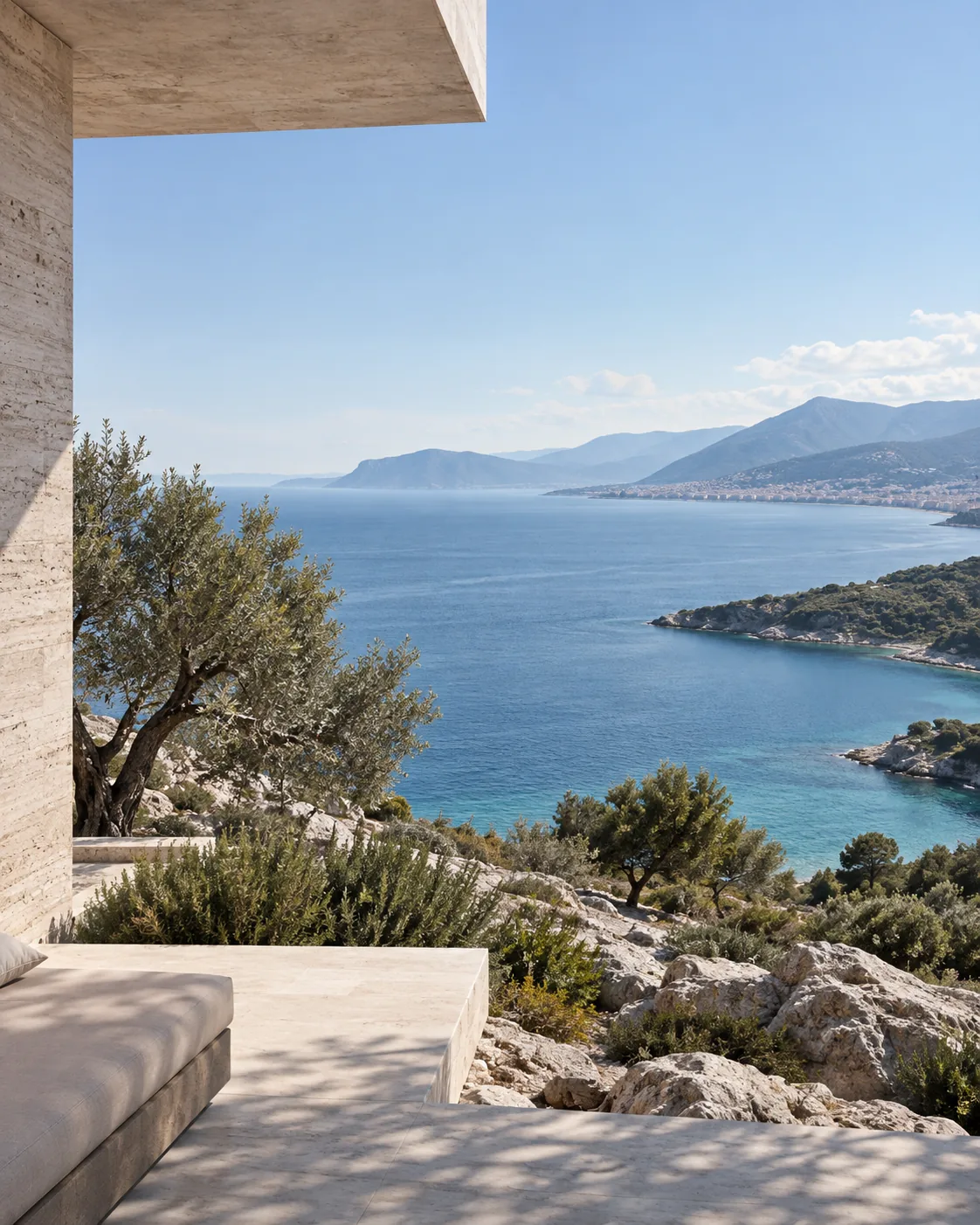 A stone terrace above the bay at Vlorë, olive trees on the slope below and the coast running out to the mountains