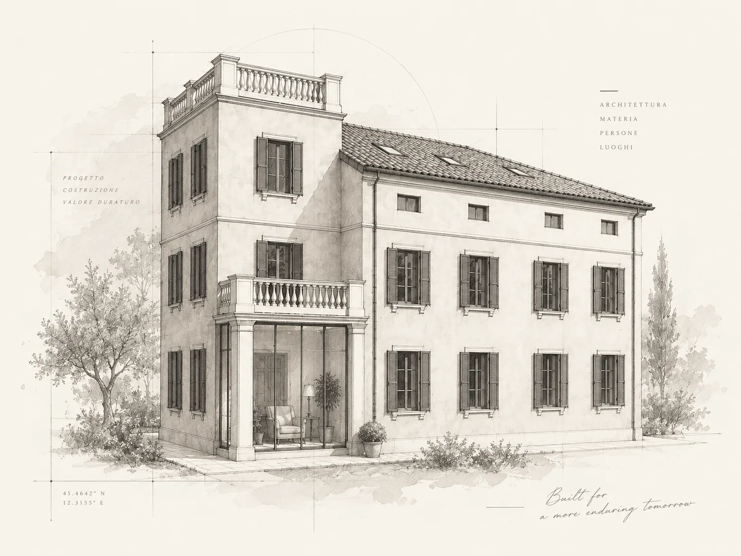 Pencil drawing of a three-storey villa with shuttered windows, a balustraded roof terrace and a glazed loggia, set out like a construction sheet