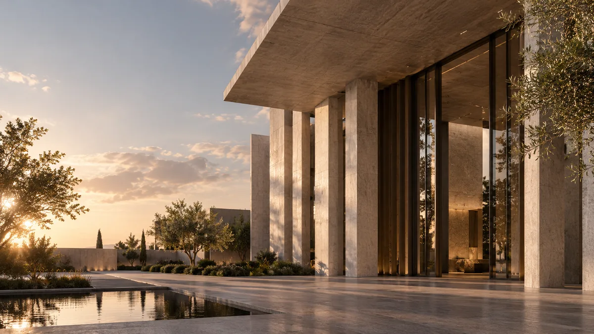 A stone-clad pavilion at sunset, its colonnade opening onto a terrace and a still pool among olive trees